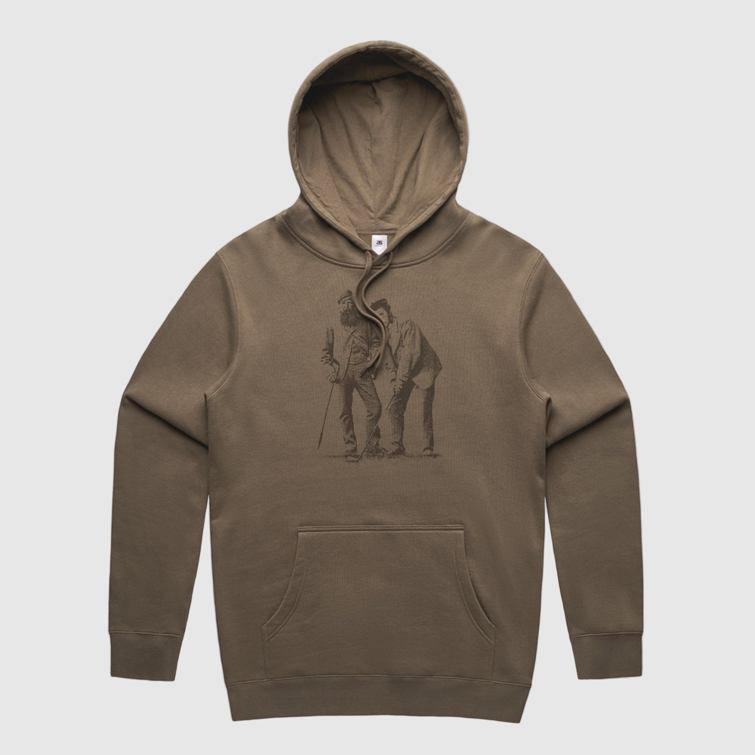 A brown hoodie with a screen printed front logo depicting two people playing golf. It includes a pullover hood, kangaroo pocket, and sleeve cuff ribbing.