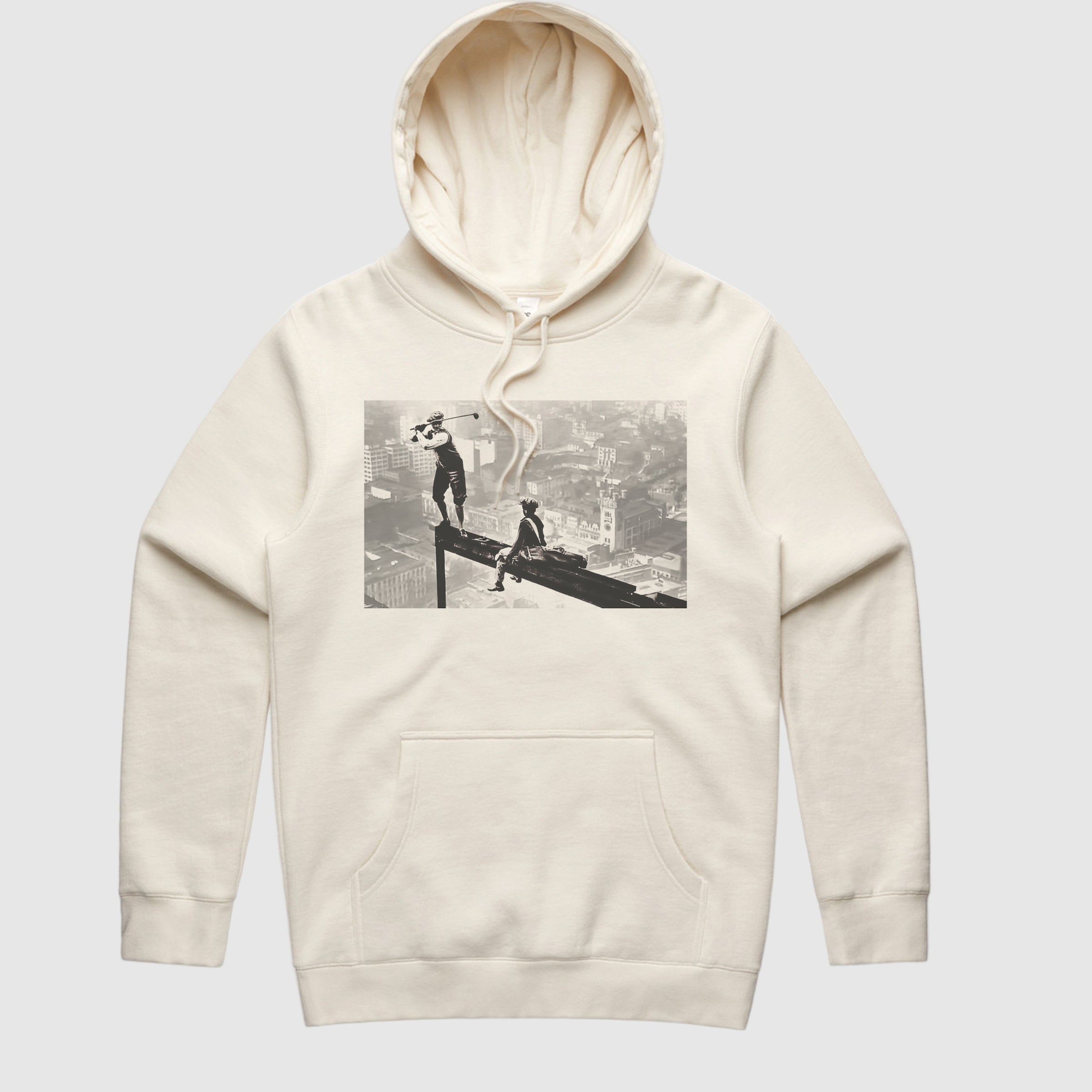 A beige hoodie with a screen printed front logo depicting a person standing on a high building, with the GRLA logo on the sleeve.