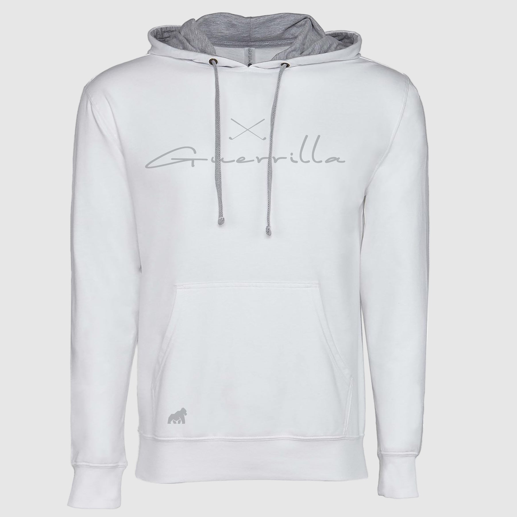 A white hoodie with gray accents, featuring a hood, drawstrings, and a pocket on the front. The brand 'Guerilla' is written across the pocket in gray script.