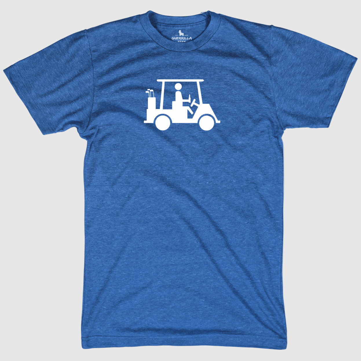 blue golf tshirt with golf cart and guy drinking beer