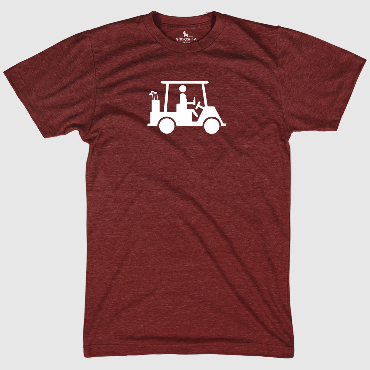 A maroon blue golf tshirt with golf cart and guy drinking beer