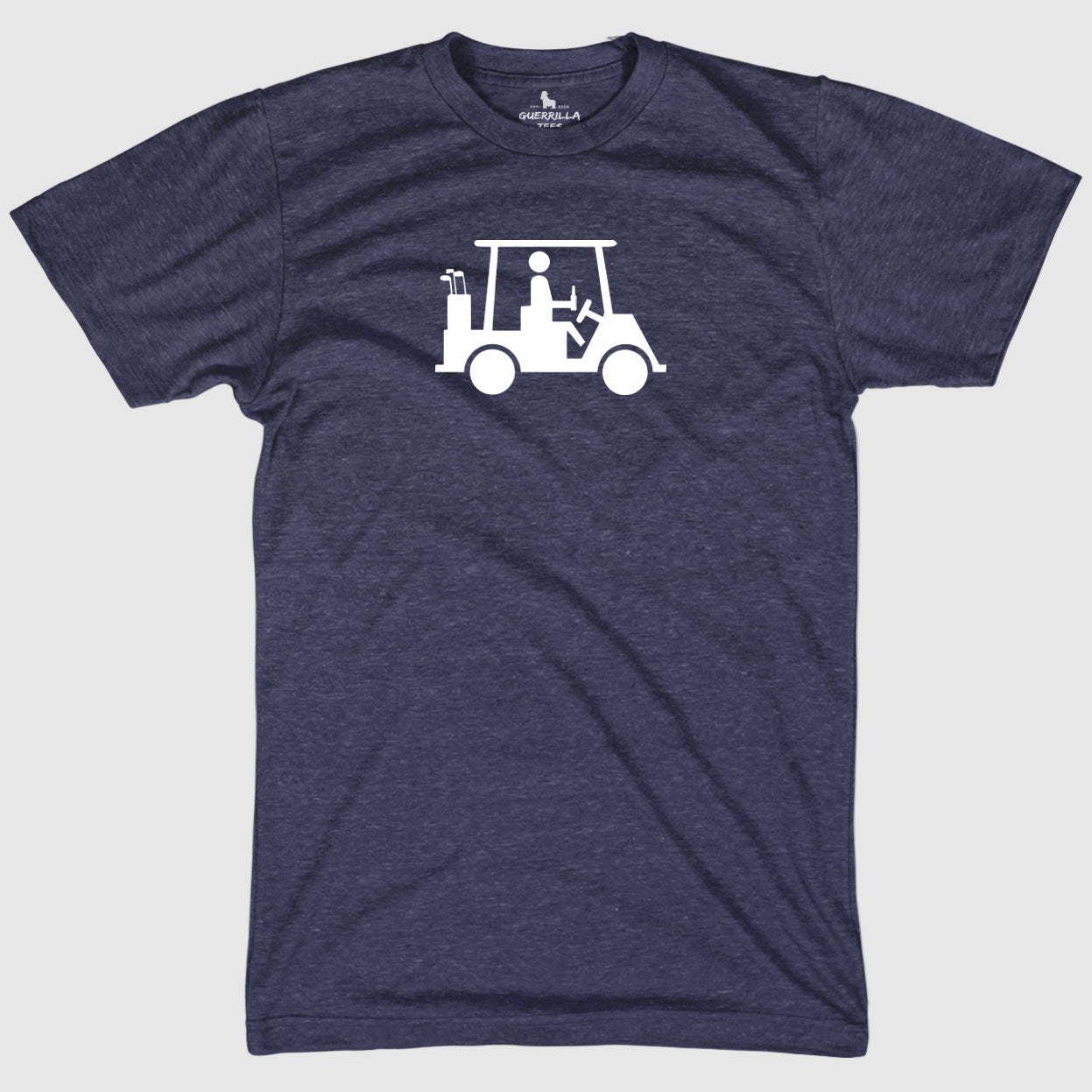 A navy blue golf tshirt with golf cart and guy drinking beer