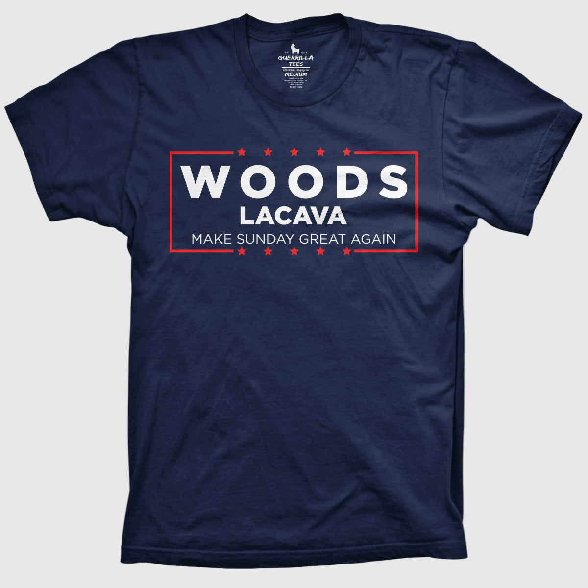 Navy blue t-shirt with text 'WOODS LACAVA MAKE SUNDAY GREAT AGAIN' printed in white within a red square border. Tiger Woods Tshirt