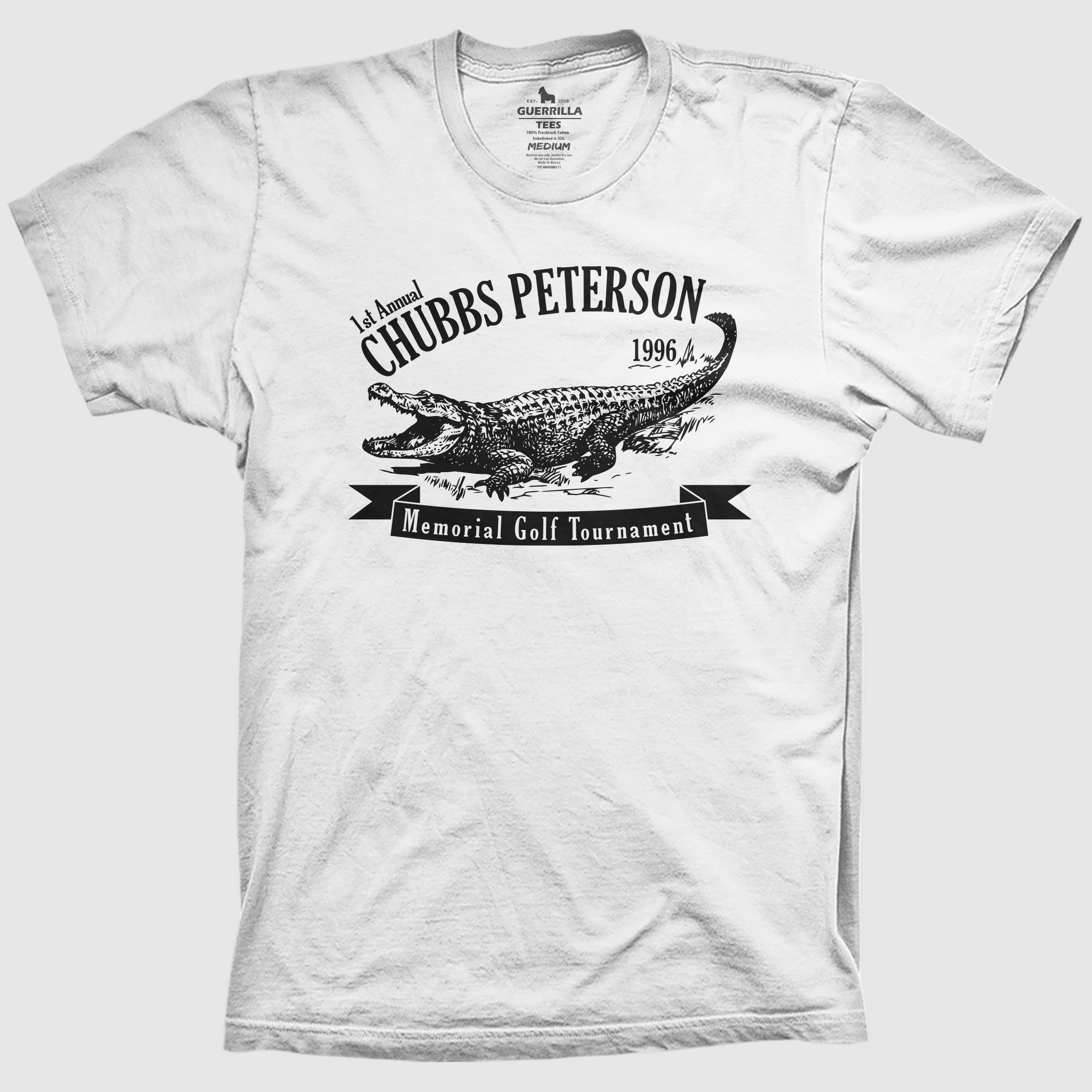 A white crew neck t-shirt with a graphic print of an alligator and text that reads 'Chubbs Peterson Memorial Golf Tournament'. Happy Gilmore Tshirt