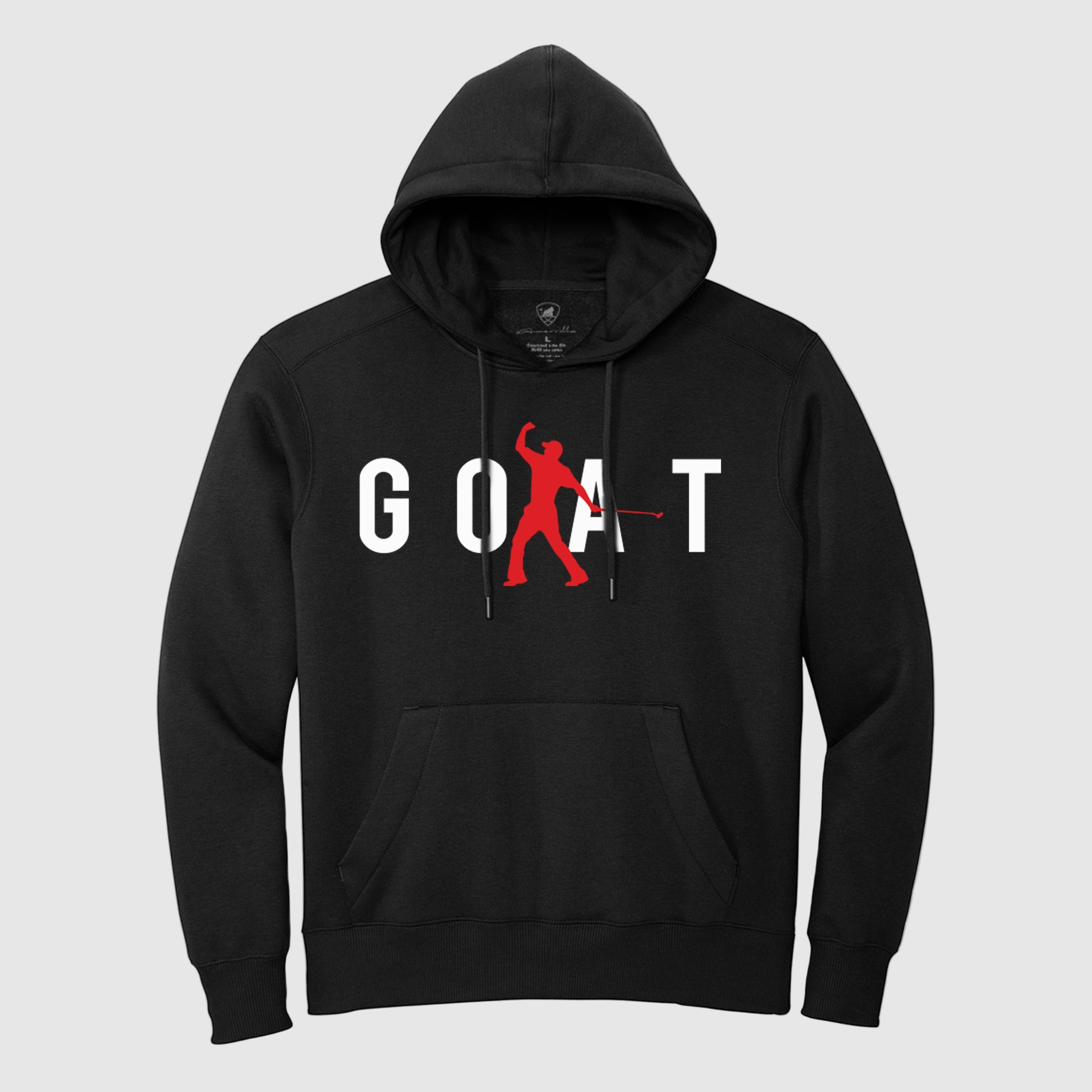 A black hoodie with the text 'GOAT' printed on the front, featuring a hood, pockets, and rib knit cuffs.