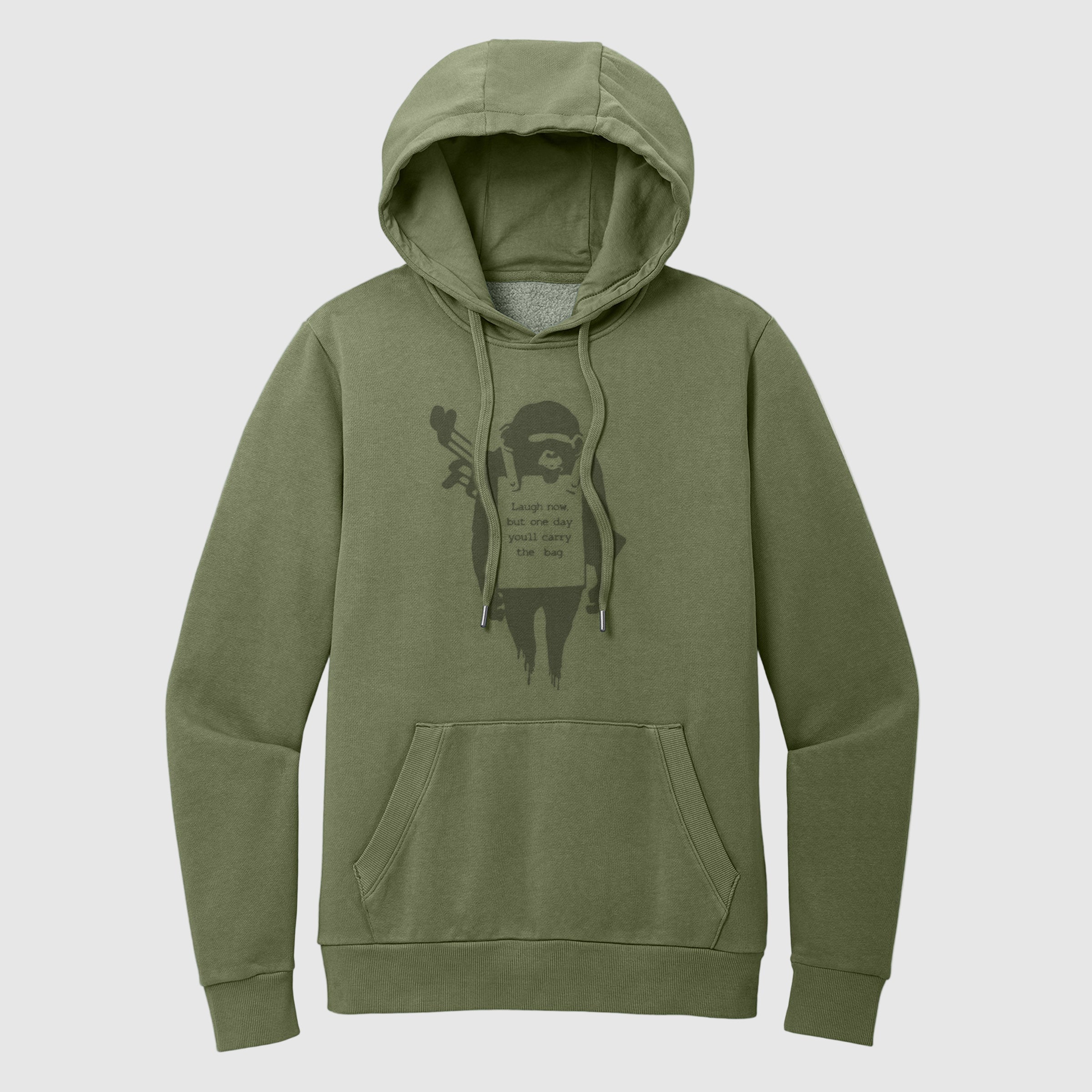 Green hooded sweatshirt with a front pocket, featuring a screen printed front logo and embroidered 'GRLA' on the lower back.