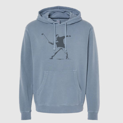 A blue hooded sweatshirt with a graphic print of a person playing golf on the front.