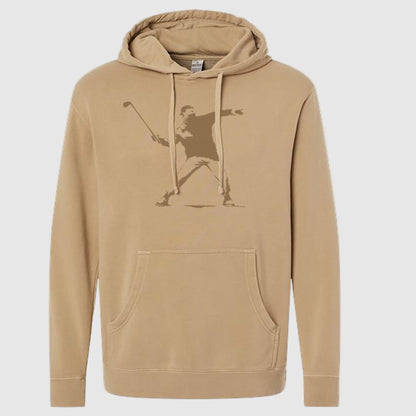 A hooded sweatshirt with a graphic print of a person playing golf on the front.