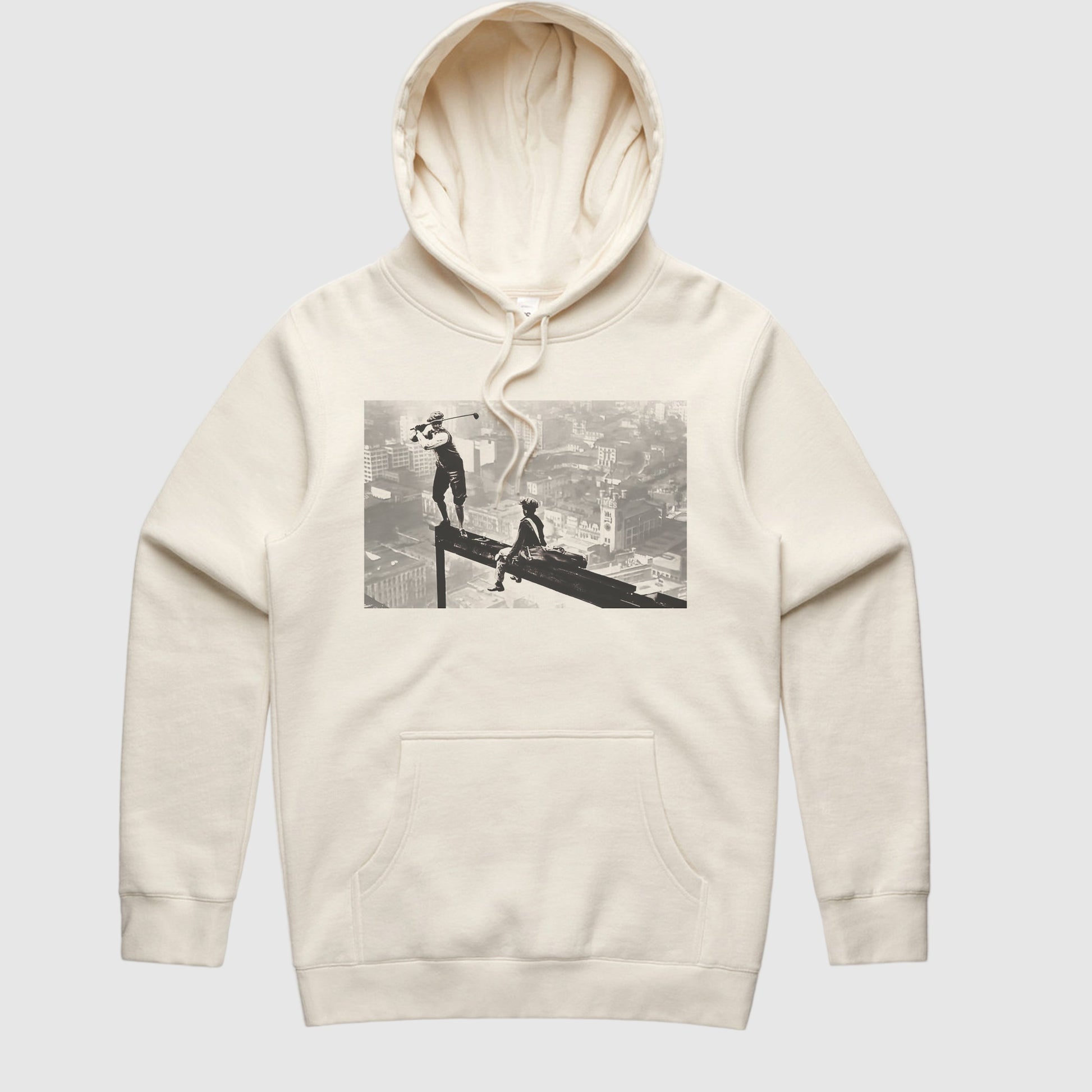 A beige hoodie with a screen printed front logo depicting a person standing on a high building, with the GRLA logo on the sleeve.
