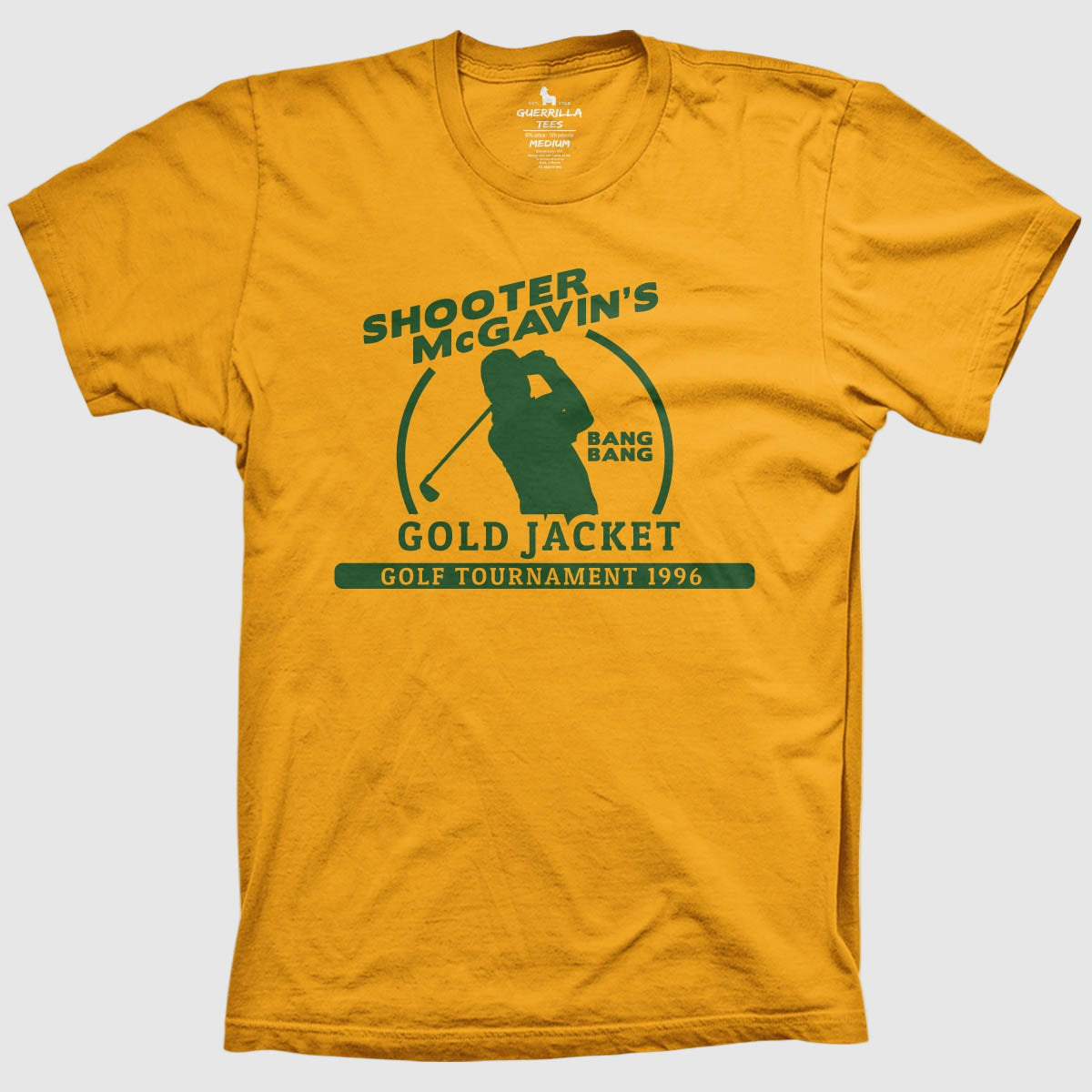A yellow t-shirt with the text 'Shooter McGavin's Gold Jacket Golf Tournament 1996' and a graphic related to the tournament.