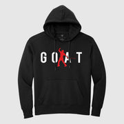 A black hoodie with the text 'GOAT' printed on the front, featuring a hood, pockets, and rib knit cuffs.